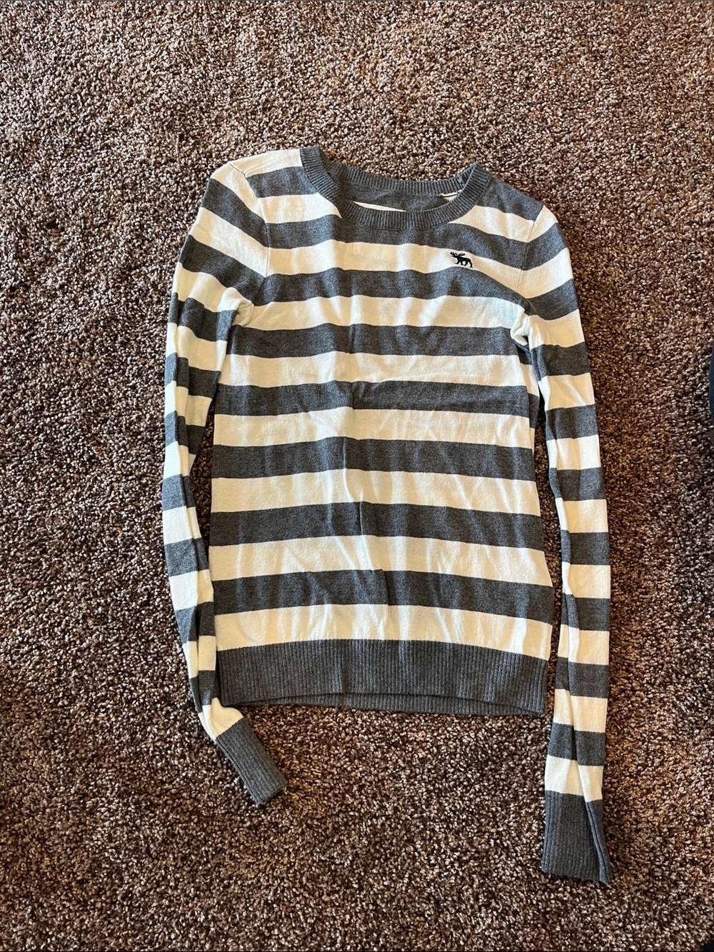 abercrombie kids Gray and Cream Striped Knit Crew Sweater